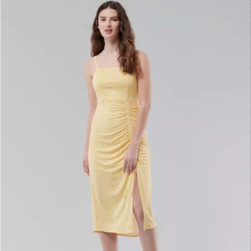 Hollister Yellow Cinched Floral Side Slit Midi Dress Size XS